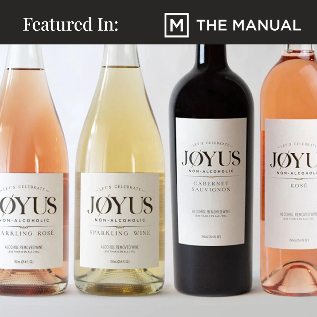 Four bottles of Jøyus Non-Alcoholic Wine with a dark grey header reading "Featured In: The Manual"